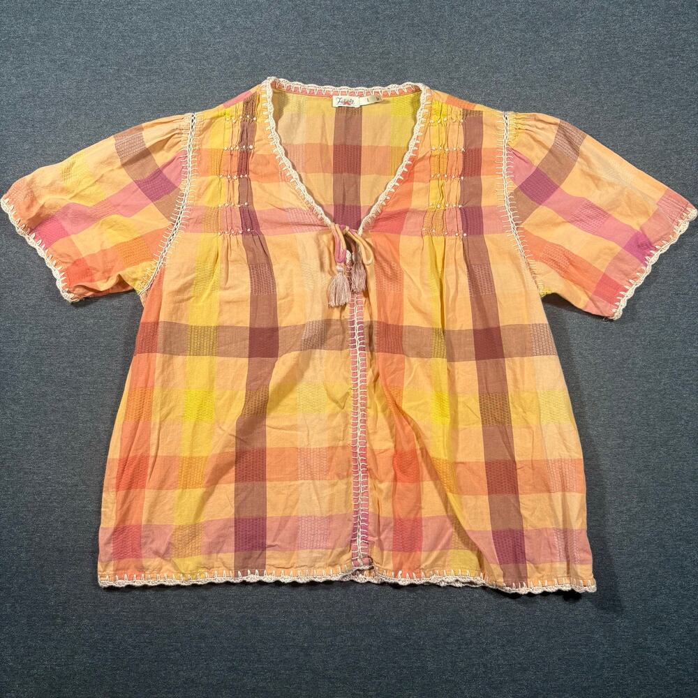 Faherty Margate Plaid Crochet Airy Lightweight Blouse | thick stitch size L